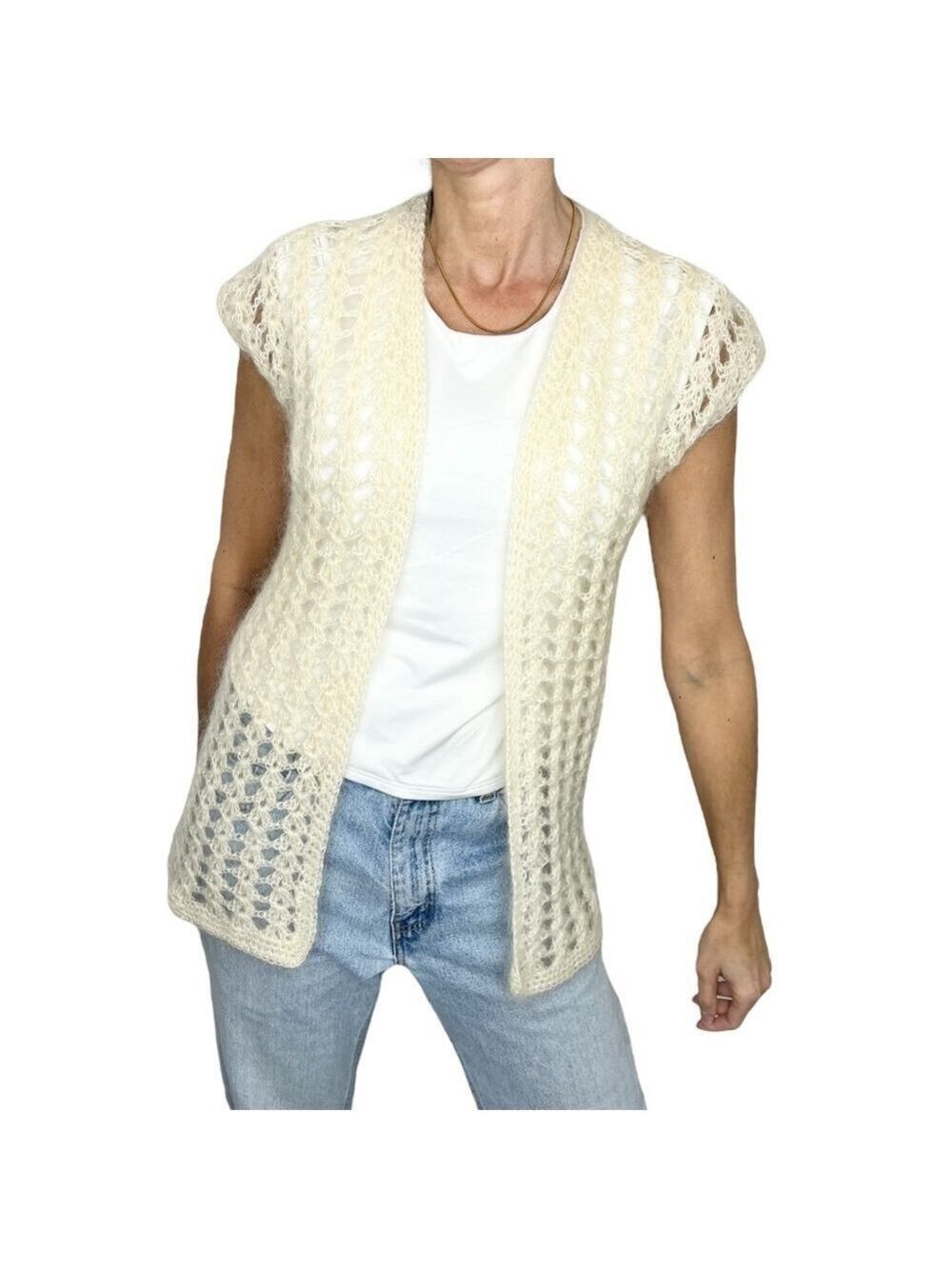 Soft fuzzy open knit sleeveless open front sweater vest